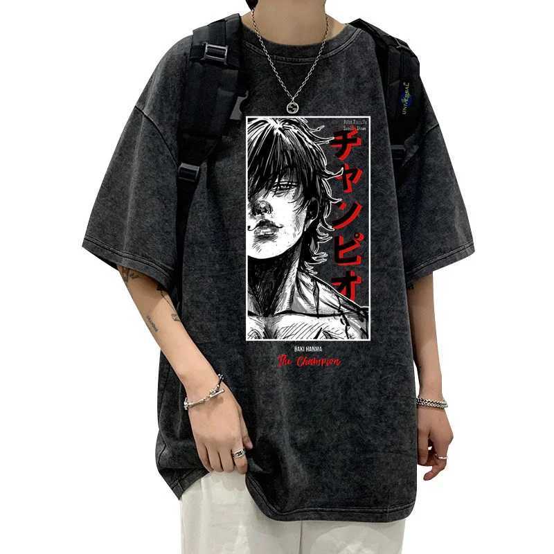 Summer Cotton Loose Laundry Top T-shirt Anime Printed T-shirt Mens Street Clothing Retro Black T-shirt Harajuku Extra Large T-shirt W250425
