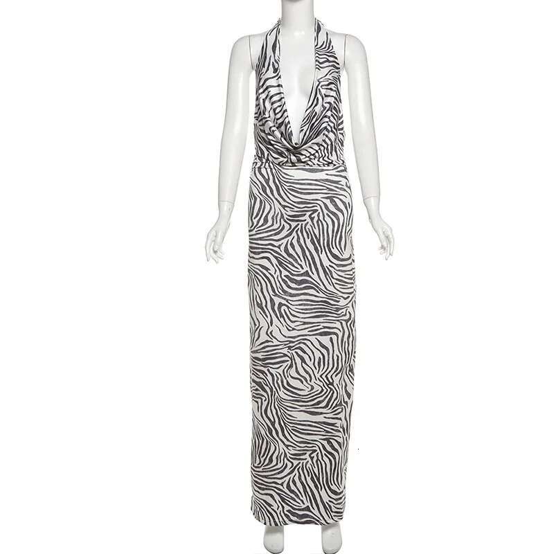 Dongdumaoyi Townlike Zebra Print Maxi Long Slim Bodycon Dress Women Halter Spring Summer Backless Nightclub Sexy Party Dresses