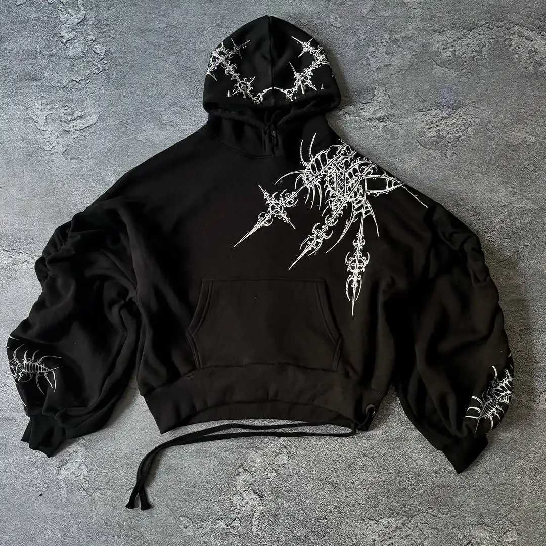 Gothic punk graphic printing oversized sportswear hip-hop rock black casual loose hoodie mens fashion Harajuku retro Y2K streetwear w250425