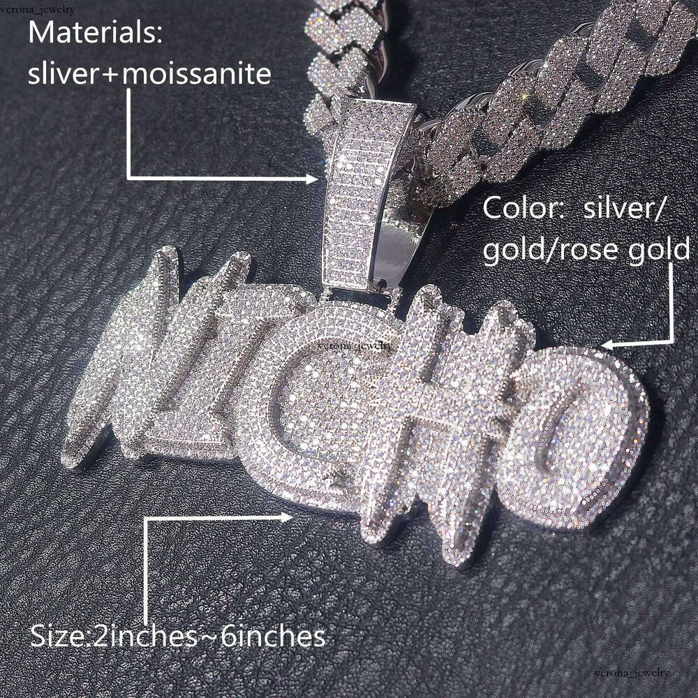 Ice out VVS Moissanite Custom Hip-Hop Name Iced Out Silicon Stone Moissanite Letter Pendant 925 Gold Pure Silver Sword Jewelry