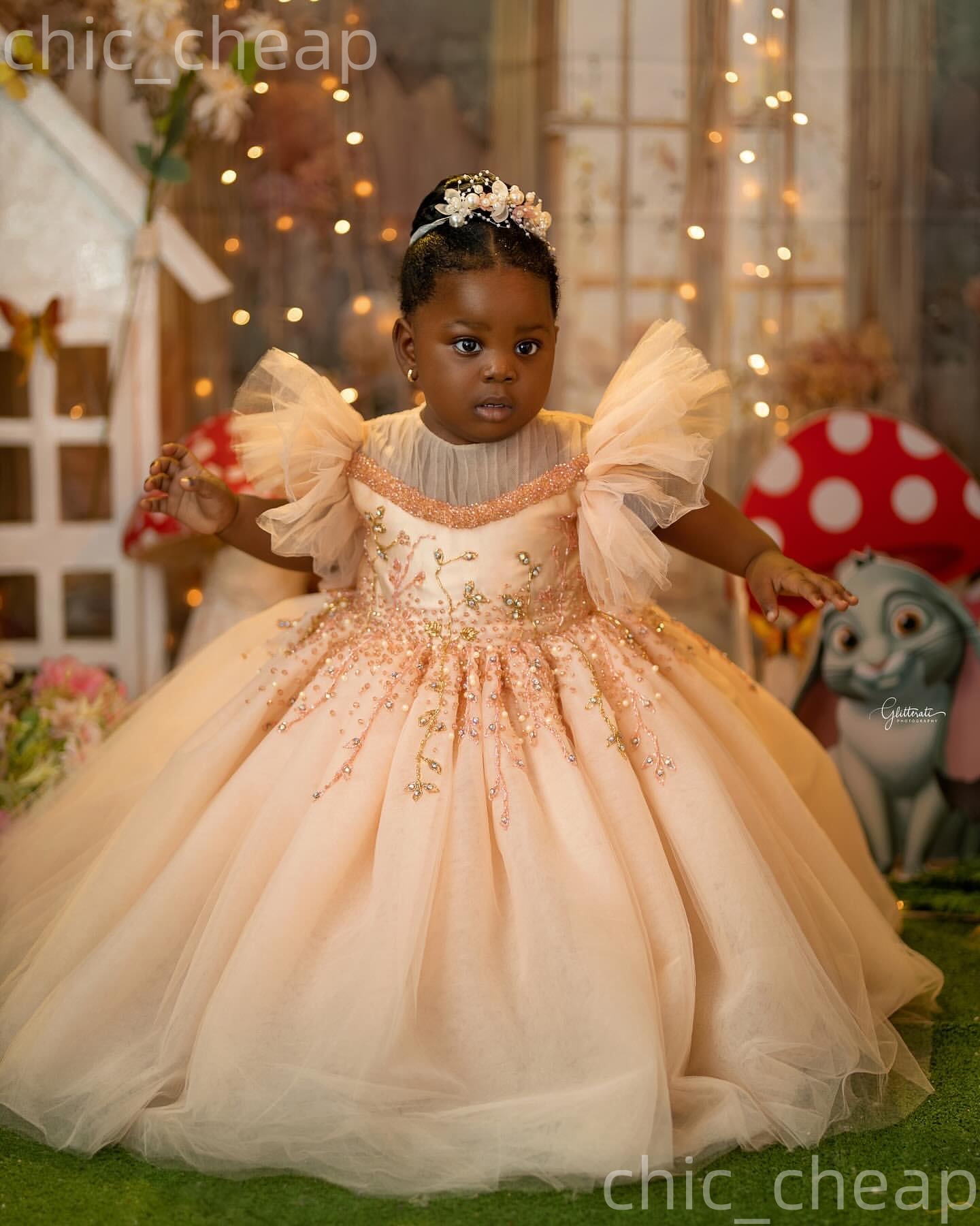 2026 Peach Ball Gown Flower Girl Dresses Beaded Crystals Sheer Neck Tulle Little Girl Christmas Peageant Birthday Christening Tutu Dress Gowns ZJ422
