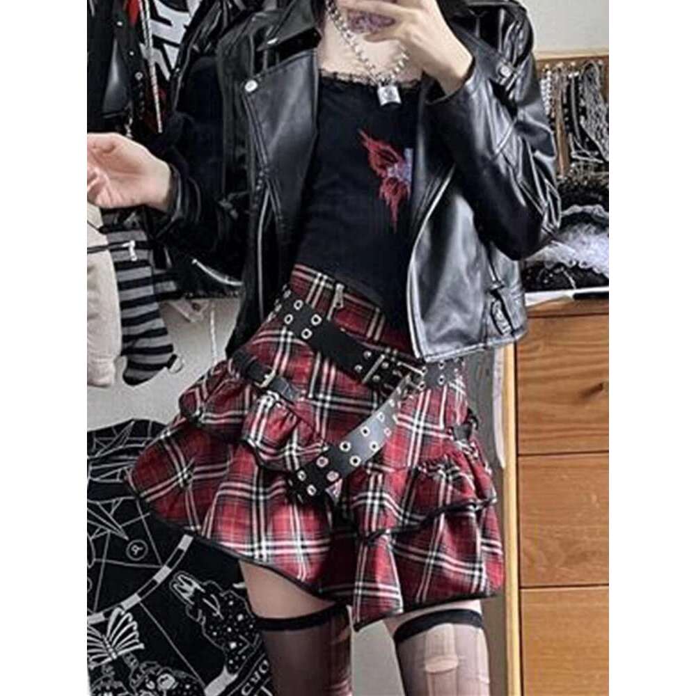 Altgoth Punk Gothic Red Plaid Women Vintage Y2k E-Girl Emo Alt High Waist Cake Skirt Haruku Fairycore Grunge Clubwear
