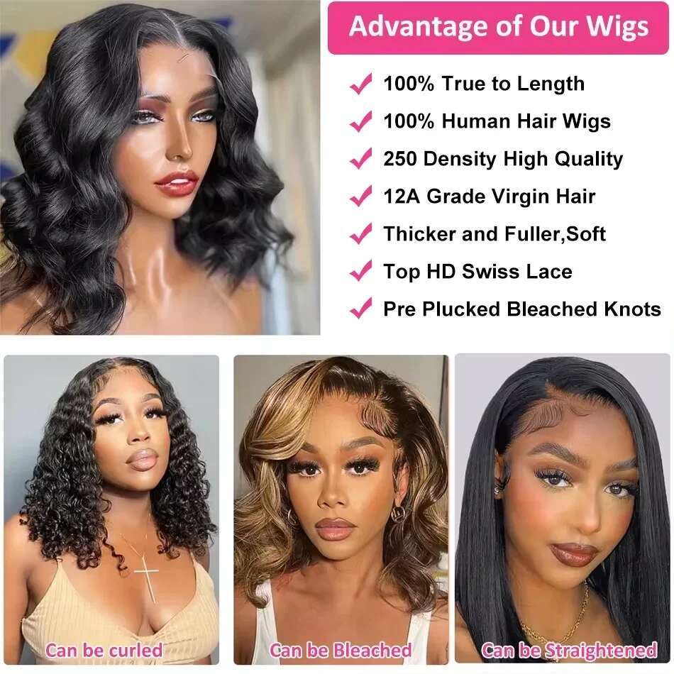 Body Short 250 Density 13X4 Front Human Hair 12 14 16 Inch Black Bob 13X6 Lace Frontal Wig HD Brazilian Water Wave