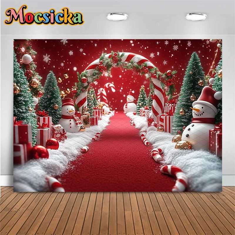 Mocsicka Christmas Background Photography New Year Candy Door Tree Red Carpet Decoration Winter Snowman Photo Backdrop WallpaperM251125