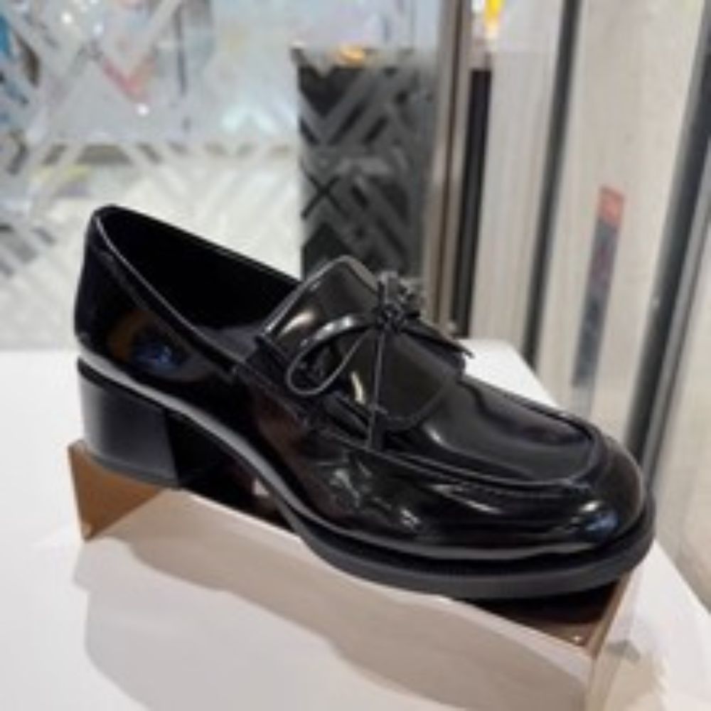 Women's Black Patent Leather Bow Loafers, Block Heel Casual Daily Commute Dress Shoes---168-2