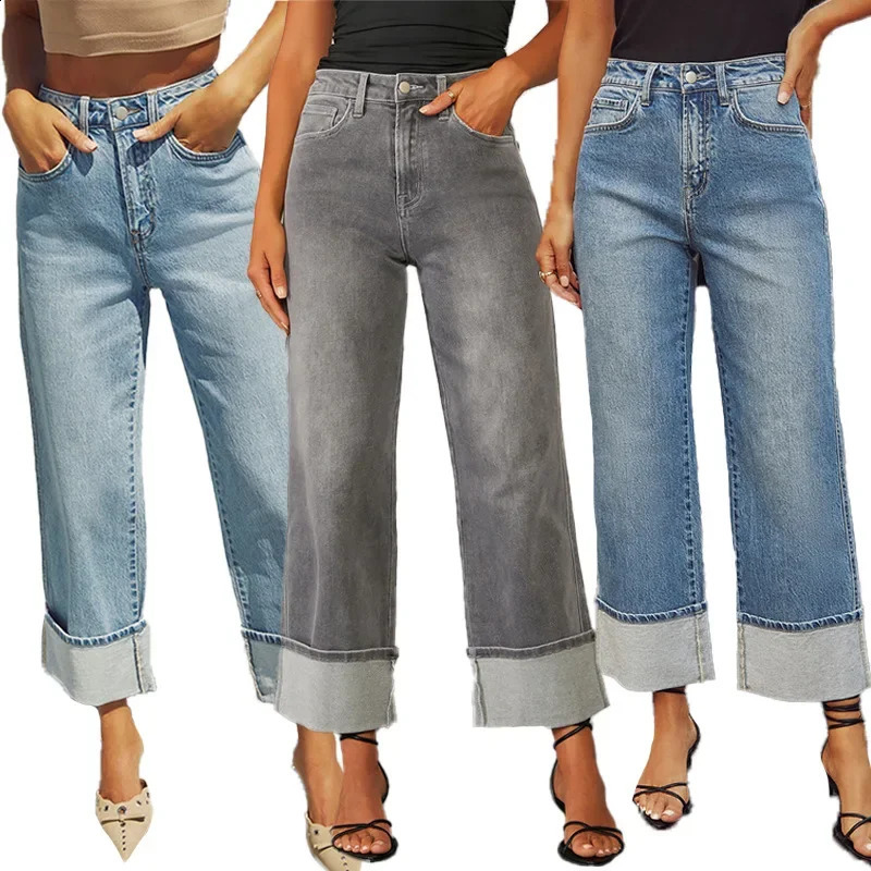 Spring 2025 womens high waisted straight leg denim jeans with elastic cuffs highquality retro style pants fashionable and casual 250420