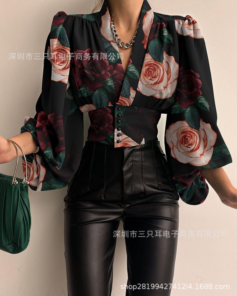 Spring 2021 new style button V-neck Lantern Sleeve Top Shirt