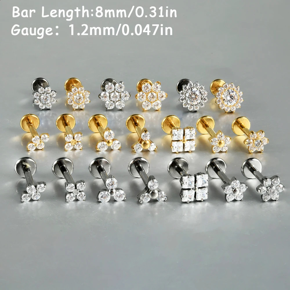 1PC G23 Solid Zircon Flower Rook Helix Stud Tragus Cartilage Earring Lobe Labret Piercing Jewelry 16G 250424