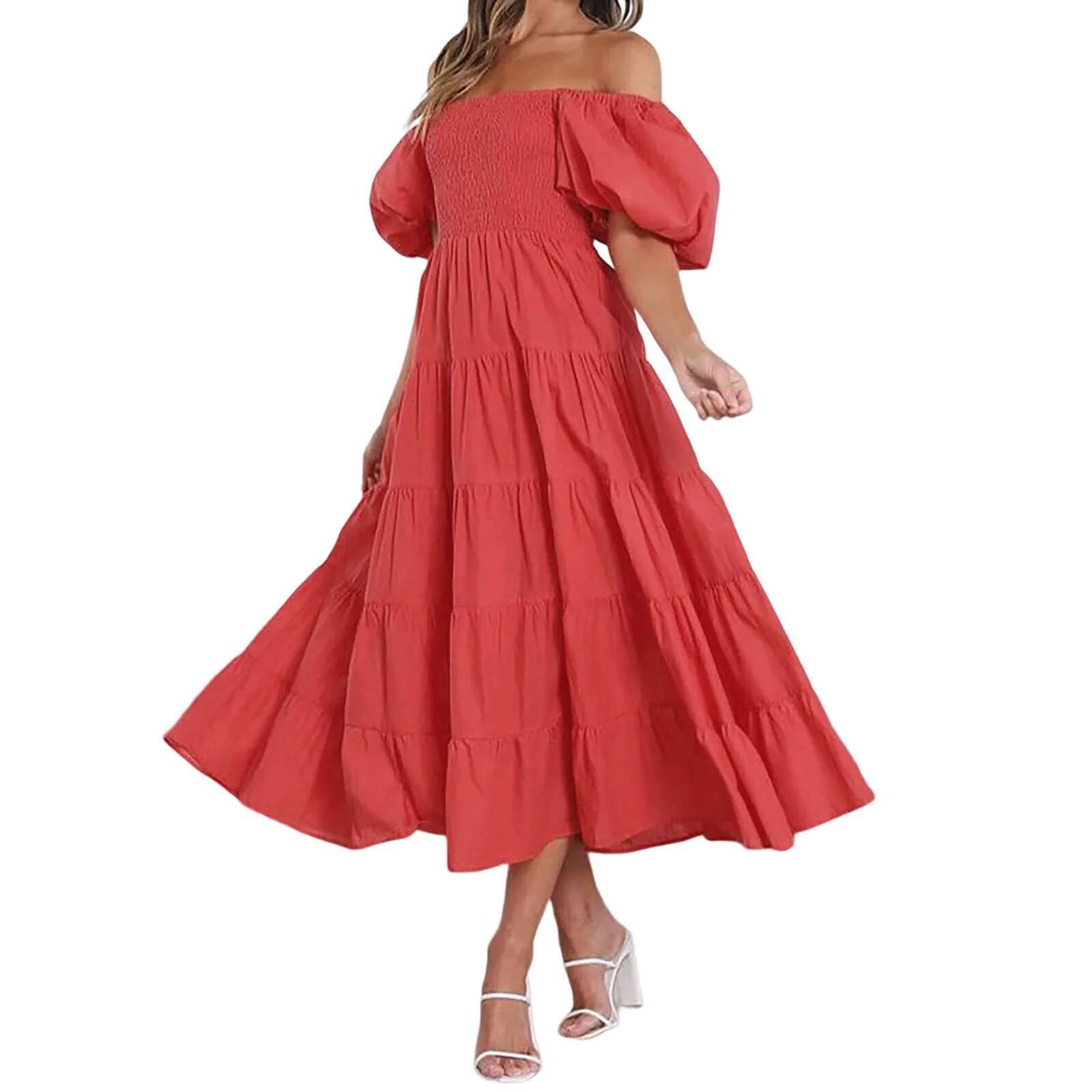 Dongdumaoyi Summer Elastic Boho A Line Dress Women S Square Neck Puff Sleeves Chic Beach Long Korean Streetwear Sundress Vestidos