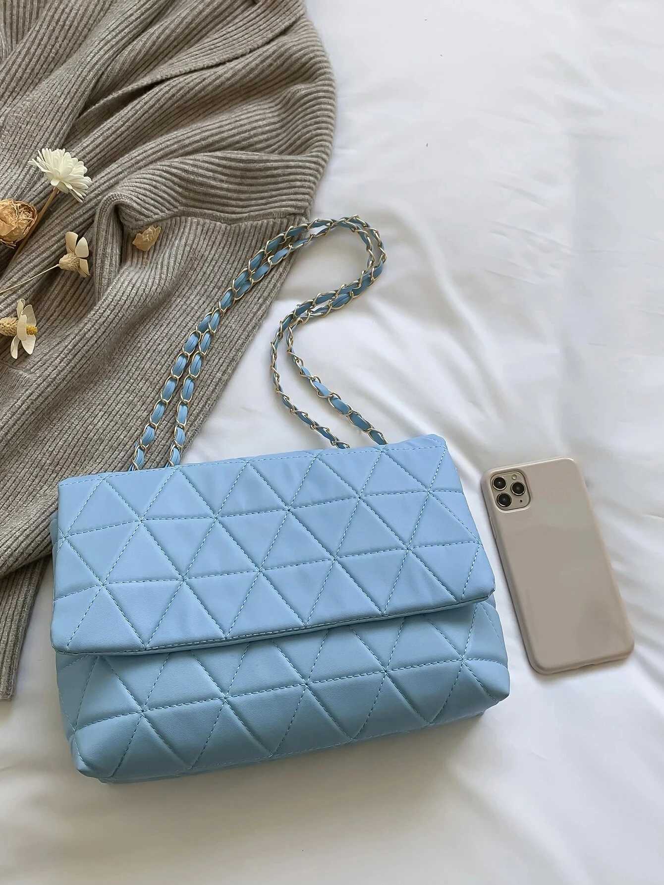 Fashionable blue Pu flip bag gold large capacity niche geometric handbag womens handbag embroidered threaded metal chain shoulder bag W250421