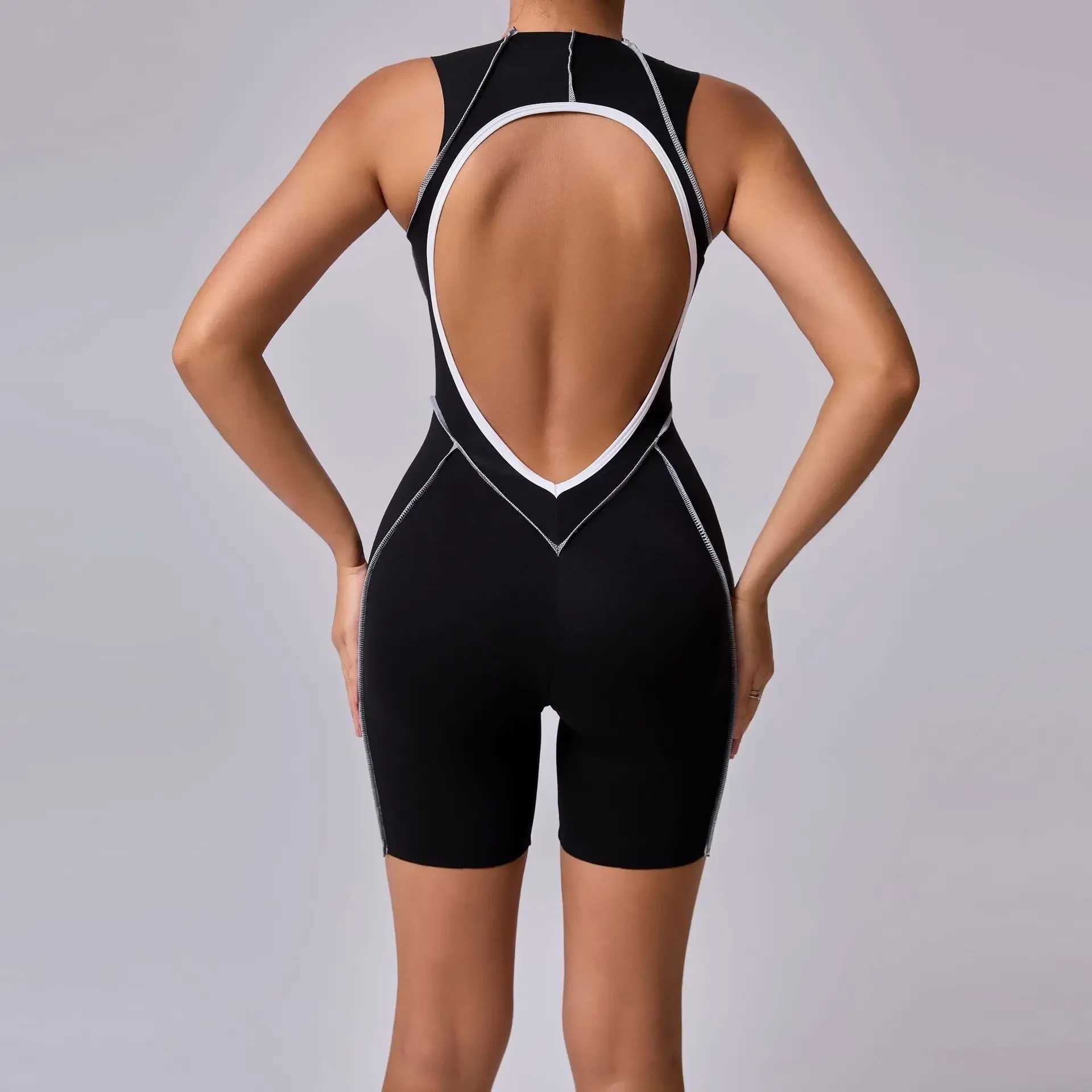 Seamless yoga jumpsuit fitness Hip lifting Line contrasting colors tight fitting Onesie backless one-piece yoga setC250425