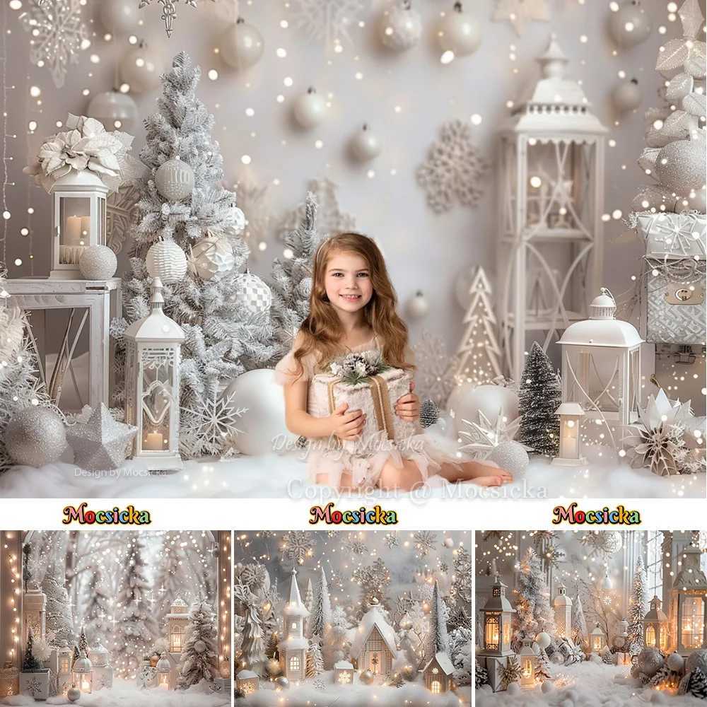White Christmas Photography Background Silver Xmas Tree Decor Ball Lantern Shiny Backdrop Kid Winter Dreamy Birthday Party PhotoM251125