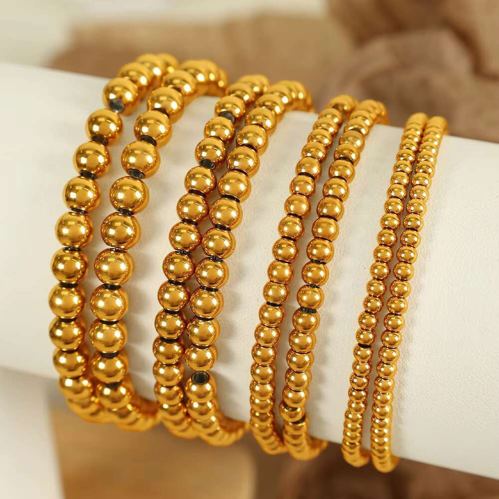 DHCollections JEWELRY SL60 Hot Sale Bean Beaded Hundred Titanium Steel Plated Gold Round Beads Stretch Bracelet
