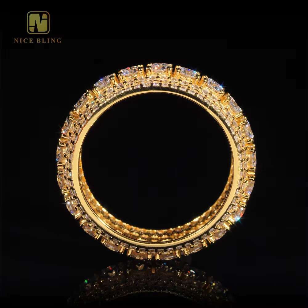 Luxury Rapper Jewelry Gold Plated Solid Inside 925 Sterling Silver Hip Hop Fully Iced Out Moissanite Band Ring