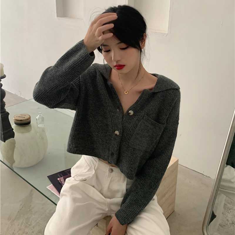Fashion Loose Casual Simple Elegant Autumn Winter Knitted Cardigan Short Sweater Women Long Sleeve Jackets New Solid Short TopT251125