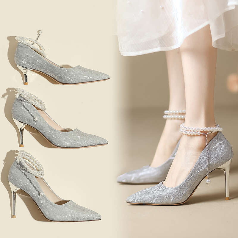 High heels for women, slim heels, 18-year-old coming of age ceremony, 2025 new style, non tiring feet, silver main dress, crystal wedding shoes, brida