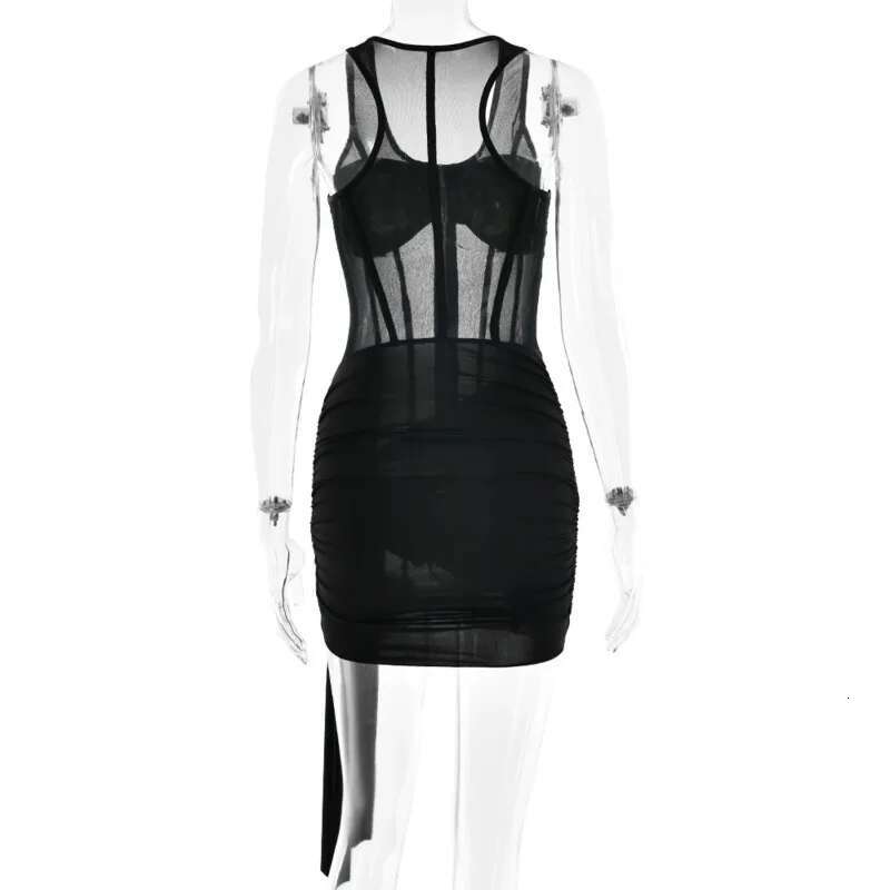 Dongdumaoyi Townlike Slim Bodycon Dress Women Spaghetti Strap Mini Spring Summer Perspective Mesh Nightclub Sexy Party Dresses