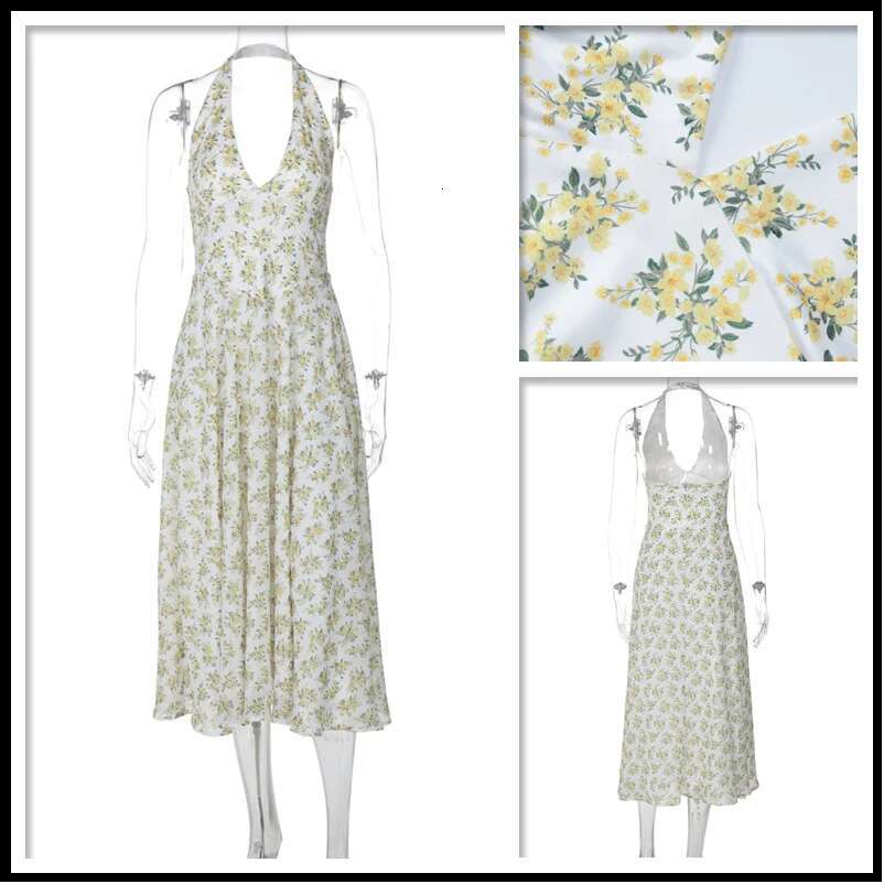 Dongdumaoyi Townlike Waist Wrap Print A Line Elegant Midi Long Dress Women Halter Spring Summer Backless Sexy Party Dresses