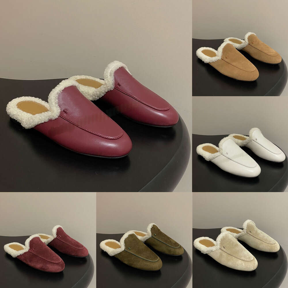 Luxury mule clog sandal fur slide Designer sandal Woman shoe Winter flat metal button slip on warm silde wool womens half slipper mules shoes fur slipper fashion shoes
