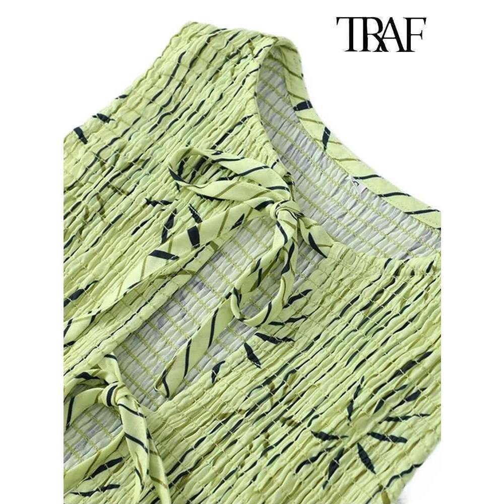 TRAF Women Fashion Pleated Printed Casual Sexy Sleeveless Ruffle Decorative Tie Top + Spliced Wide Leg Pants Two Piece Set