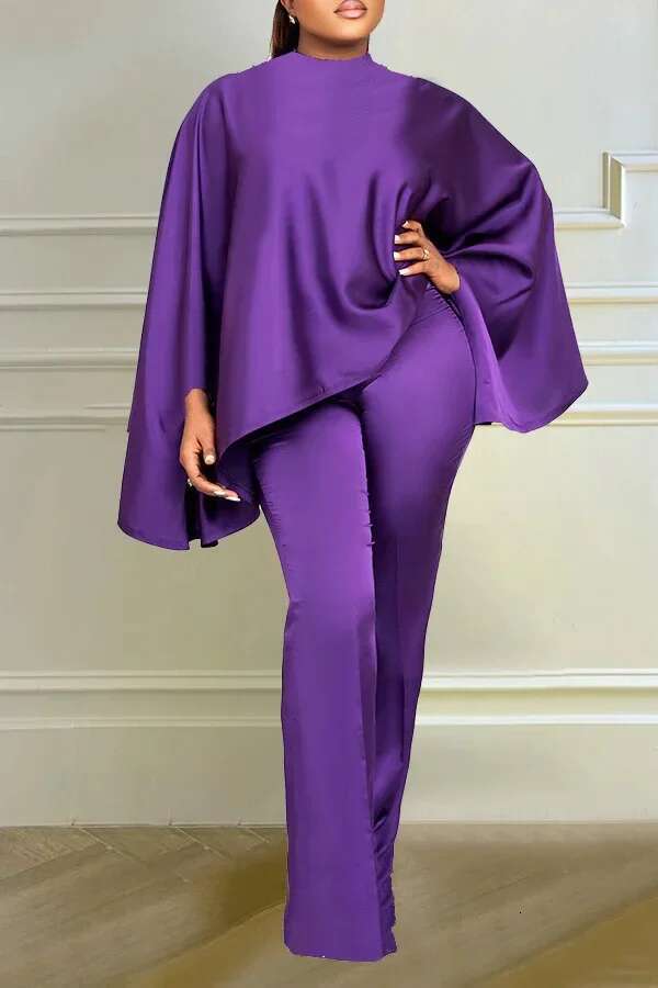 Casual Solid Silk Loose Fit Set Fashion Cloak Tops Wide Leg Pants Suit Women Party Evening Wedding 2 Piece Outfit
