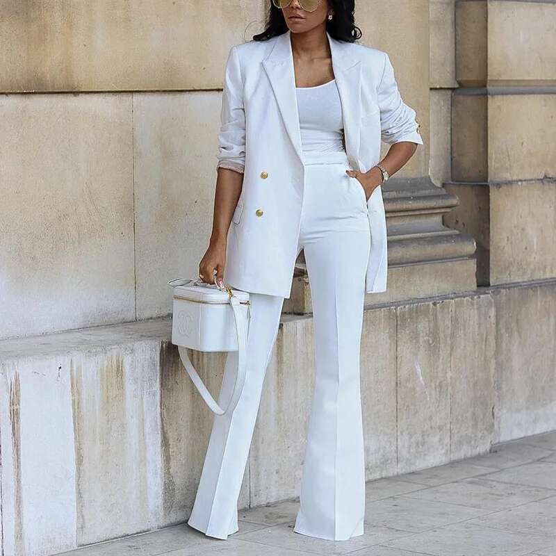 BAMBOOBOY Elegant Women Double Breasted Long Sleeve Blazers With Pocket And Flare Pants Suit Matching Two 2 Piece Set Outfits