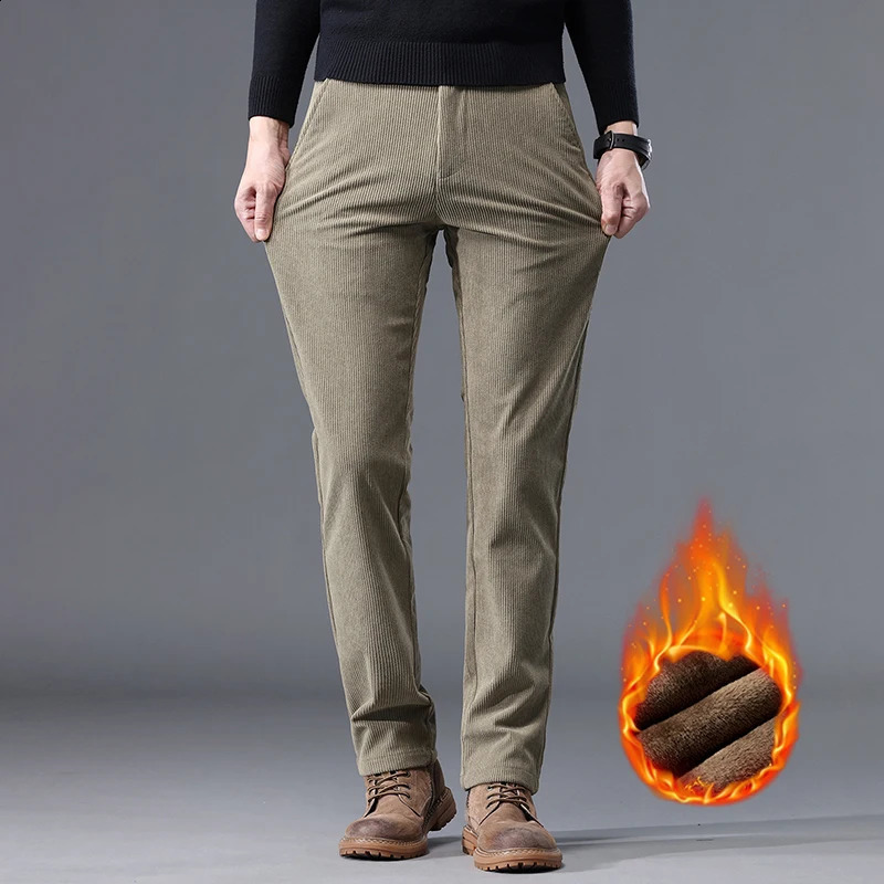 Khaki black gray wool mens denim casual pants chenille thick stretch business pants rise winter pants 250422