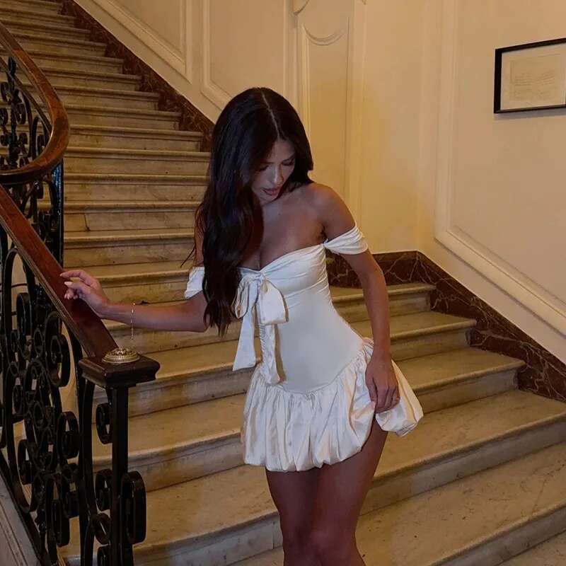 Dongdumaoyi Townlike A Line Pleated Ball Gown Dress Women Off Shoulder Mini Spring Summer Backless Nightclub Sexy Party Dresses