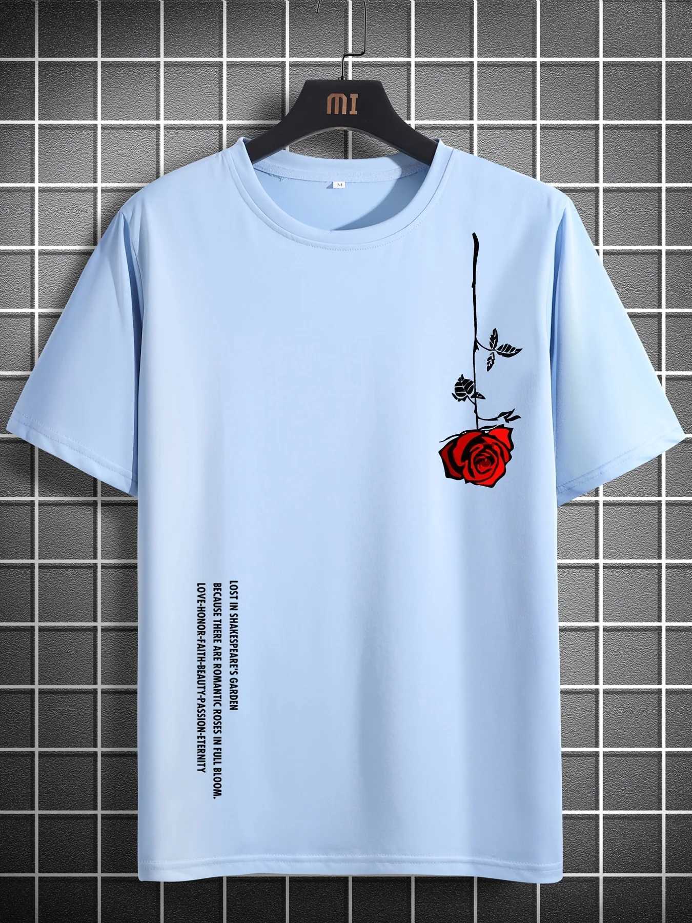 Mens summer loose fit 100% pure cotton rose print casual slim fit round neck short sleeved T-shirt top W250425