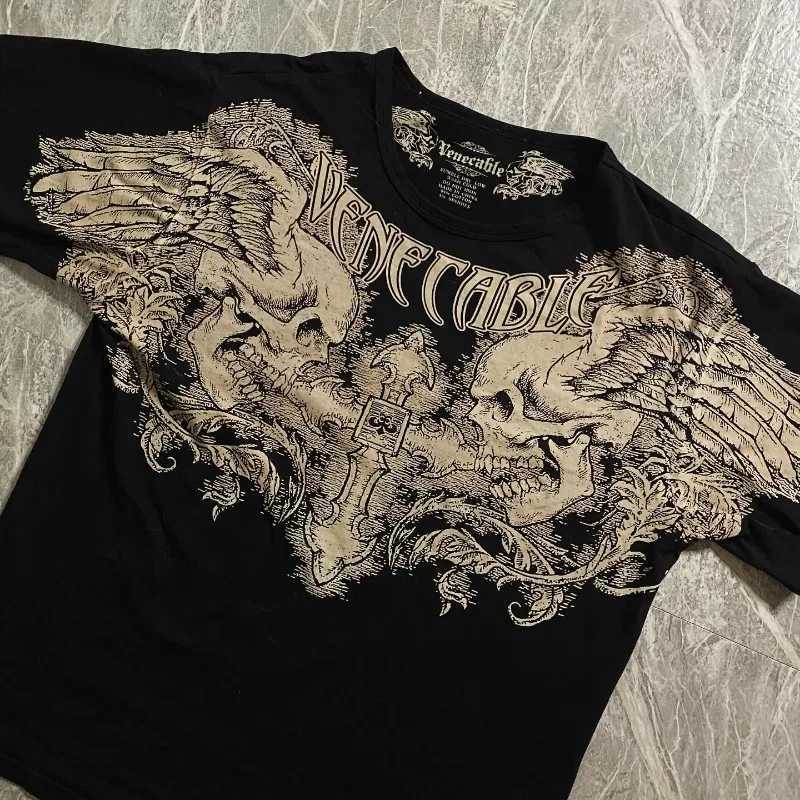 Gothic Dark Devil Graphic Print O-neck Short sleeved T-shirt for Mens 2025 Summer New Comfortable Punk Rock Casual Retro Pocket Top W250425