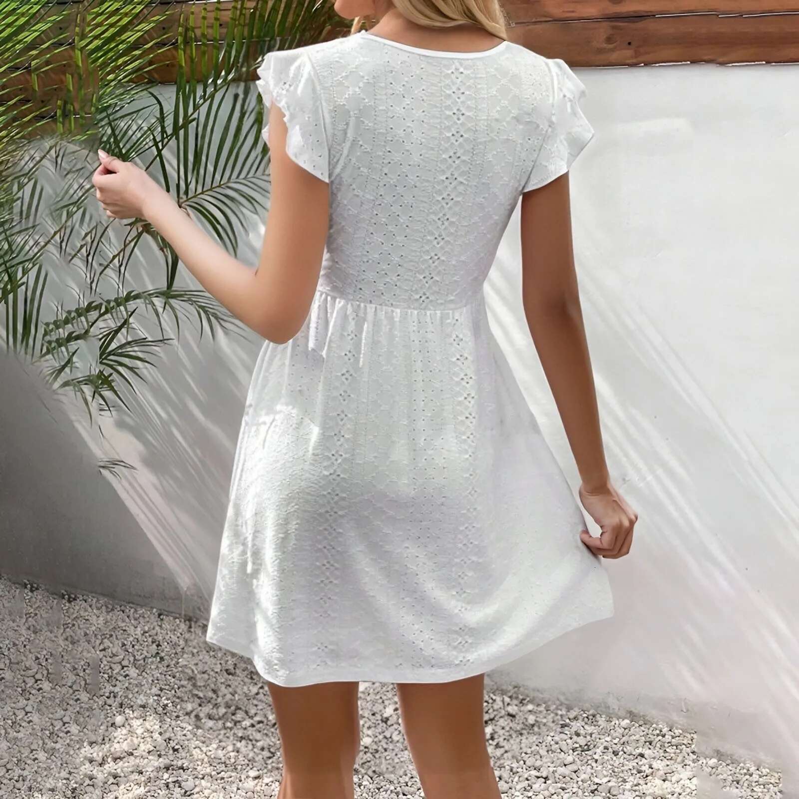 Dongdumaoyi Women White V Neck Beach Dress Solid Summer A Line Short Sleeve Casual Loose Sundress Holiday Baggy Long Robe