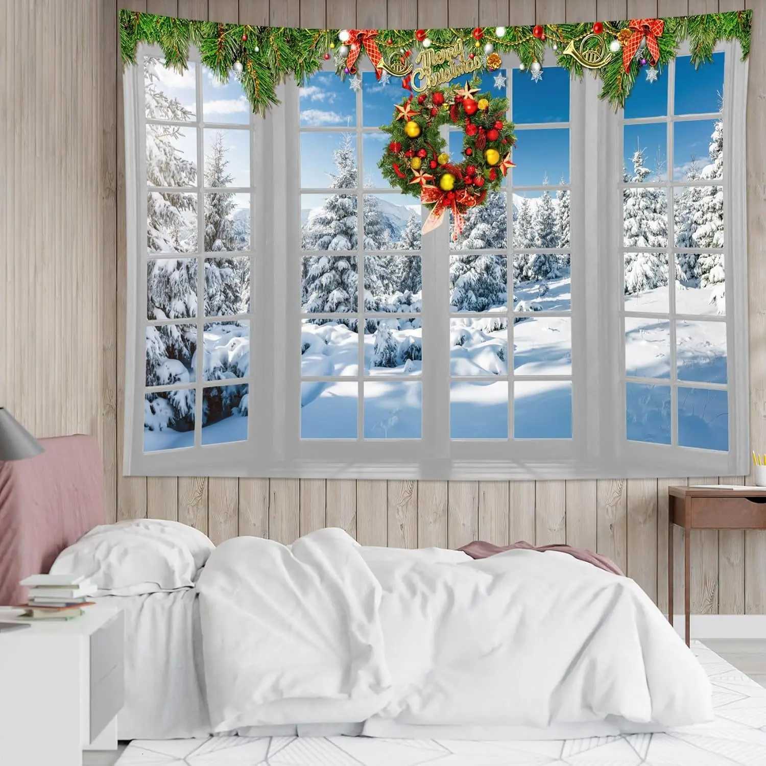 Winter Christmas Tapestry Pine Forest Snow Scene outside the Window and Christmas Wreath Holiday Decor Wall Tapestry for BedroomM251125
