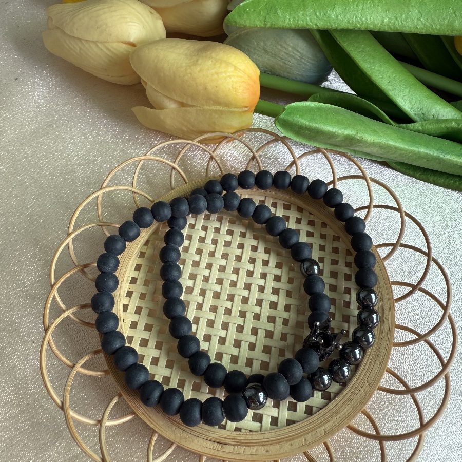 Black Stone Beaded Bracelet Set with Crown Charm - Black Dazzle Jewelry Pair
