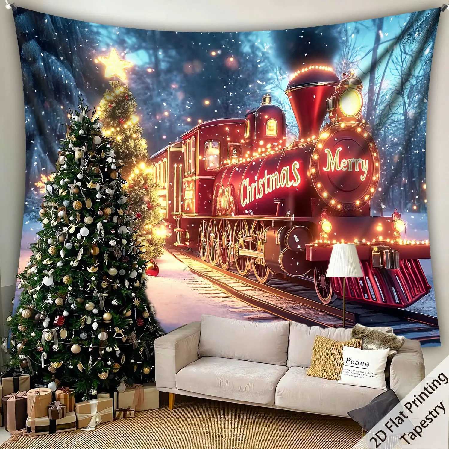 VIKAMA Christmas Train Tapestry Living Room Entryway Feature Wall Hanging Holiday Party Home Room DecorM251125