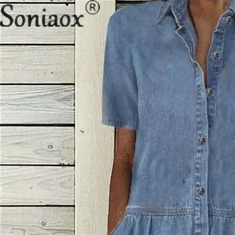 Designer Clothes Elegant Solid Color Short Sleeve Denim Dress Summer Lapel Single-Breasted Splice Dressy Female Comfortable Commuter Casual Gown
