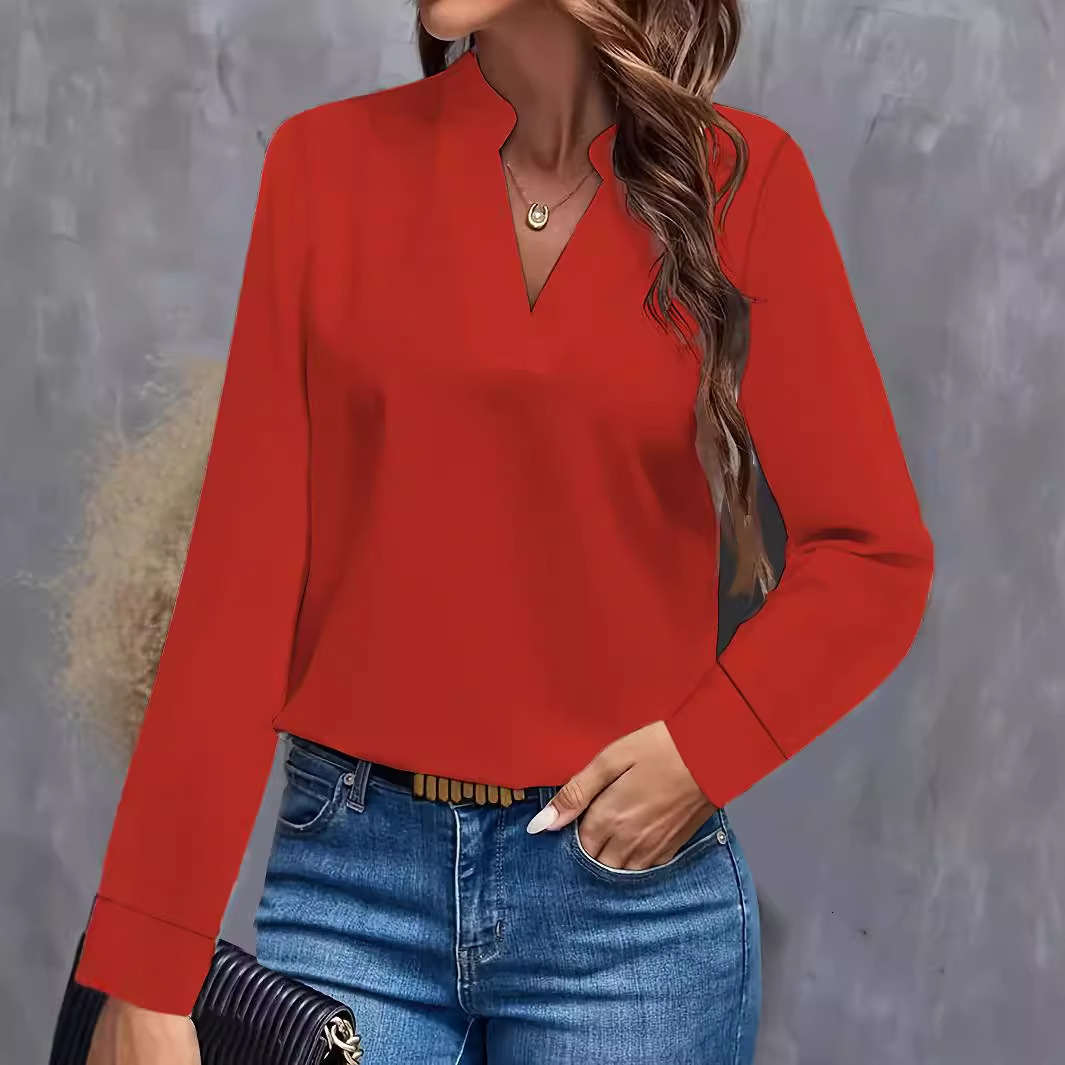 2024 autumn simple casual solid color V-neck loose shirt top for women