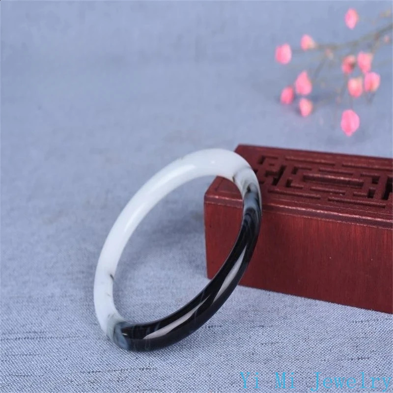 Natural Hetian Jade Bracelet Black White Flowers Charm Fashion Retro Fine Jewelry Elegant Girl Couple Bangle Holiday Gift 250424