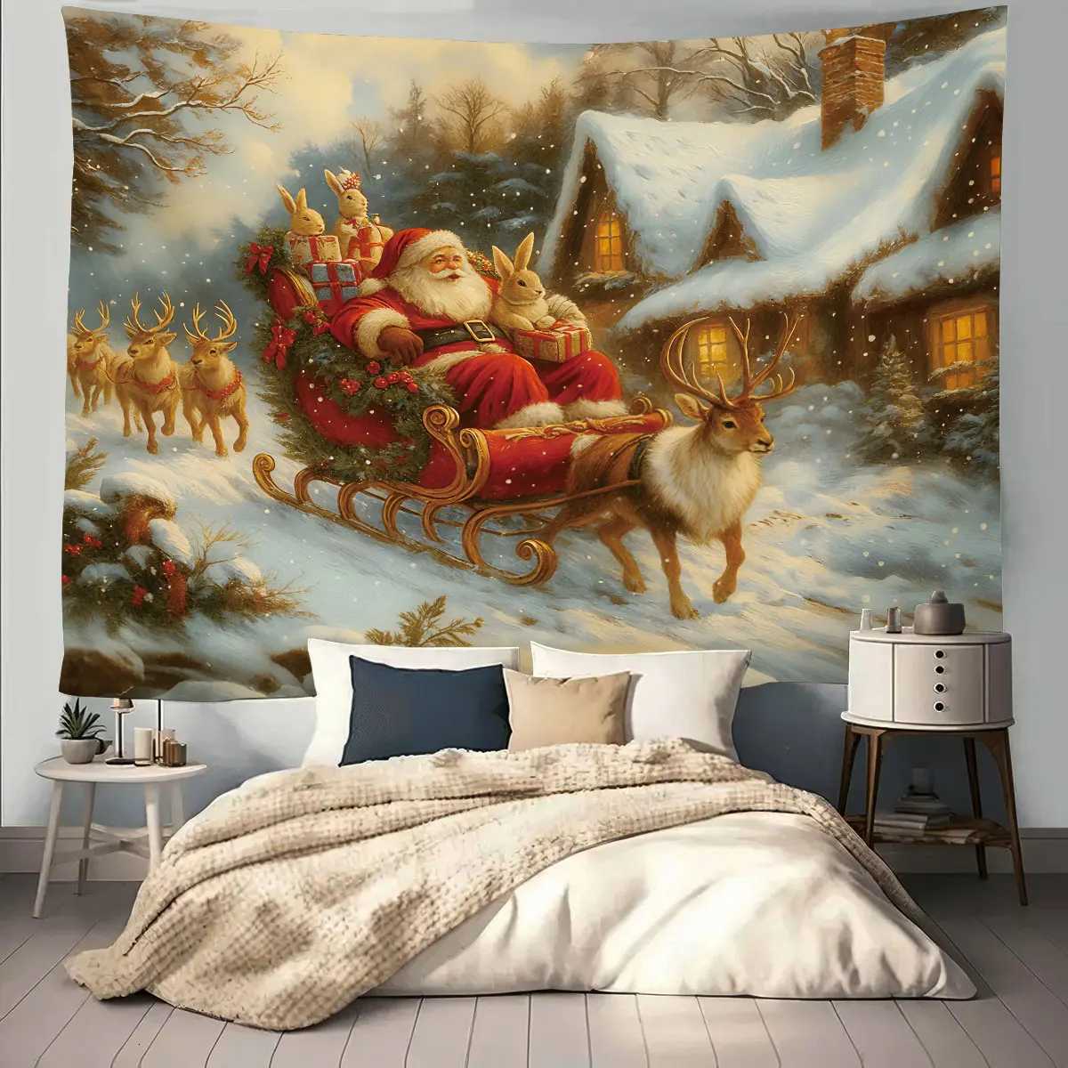1pc Merry Christmas Santa Claus sled print tapestry living room wall decoration multi size background cloth machine washableM251125