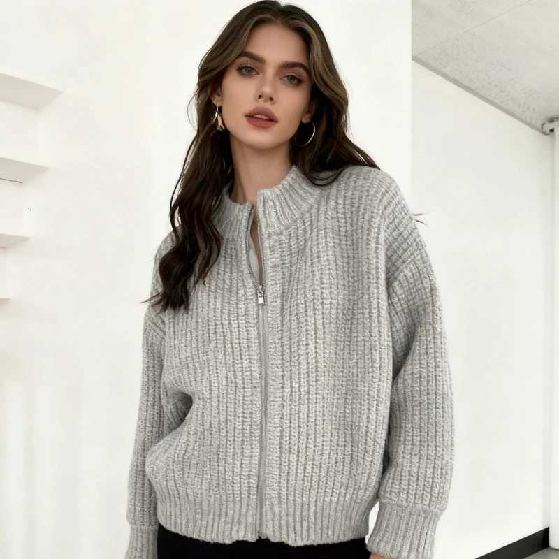 Autumn Elegant Cardigan Zipper Knitwear Winter New Womens Crew Neck Knitted Long sleeved Sweater Solid Color Casual TopT251125