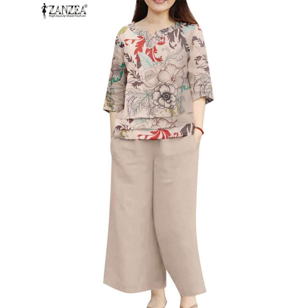 2024 ZANZEA Women Top 2Pcs Outifits Casual Holiday Solid Wide Leg Trouser Suits 2 Piece Set Floral Print Blouses Pant Sets