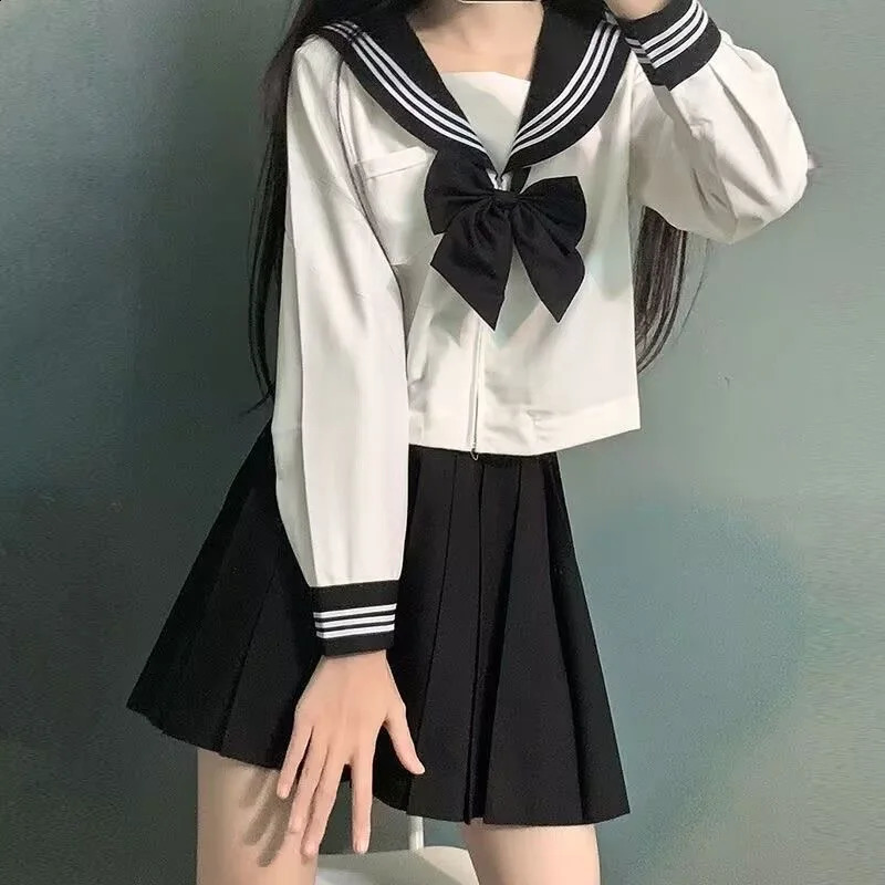 Japanese School Uniform Girls Plus Size Jk Set Black Tie White Three Piece Basic Sailor Uniform Womens Long Sleeve Set 250418