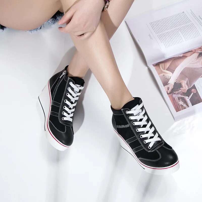 Spring and autumn new side link lace-up muffin wedge ed canvas heightened high heel casual large size women's shoes