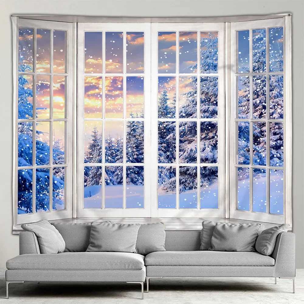 Outdoors Winter Forest Snow Scene Tapestry Wall Hanging Christmas Tree Happy New Year Bedroom Patio Wall Hanging Mural Art DecorM251125