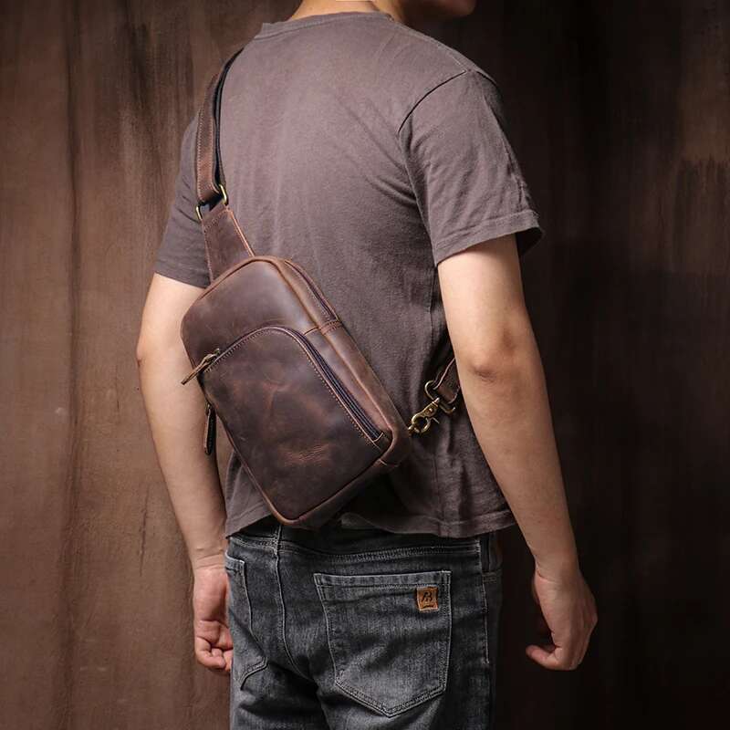 LUOKIR Vintage Crazy Horse Chest Genuine Leather Sling Shoulder Bag High Quality Sports Backpack Messenger Crossbody Bags