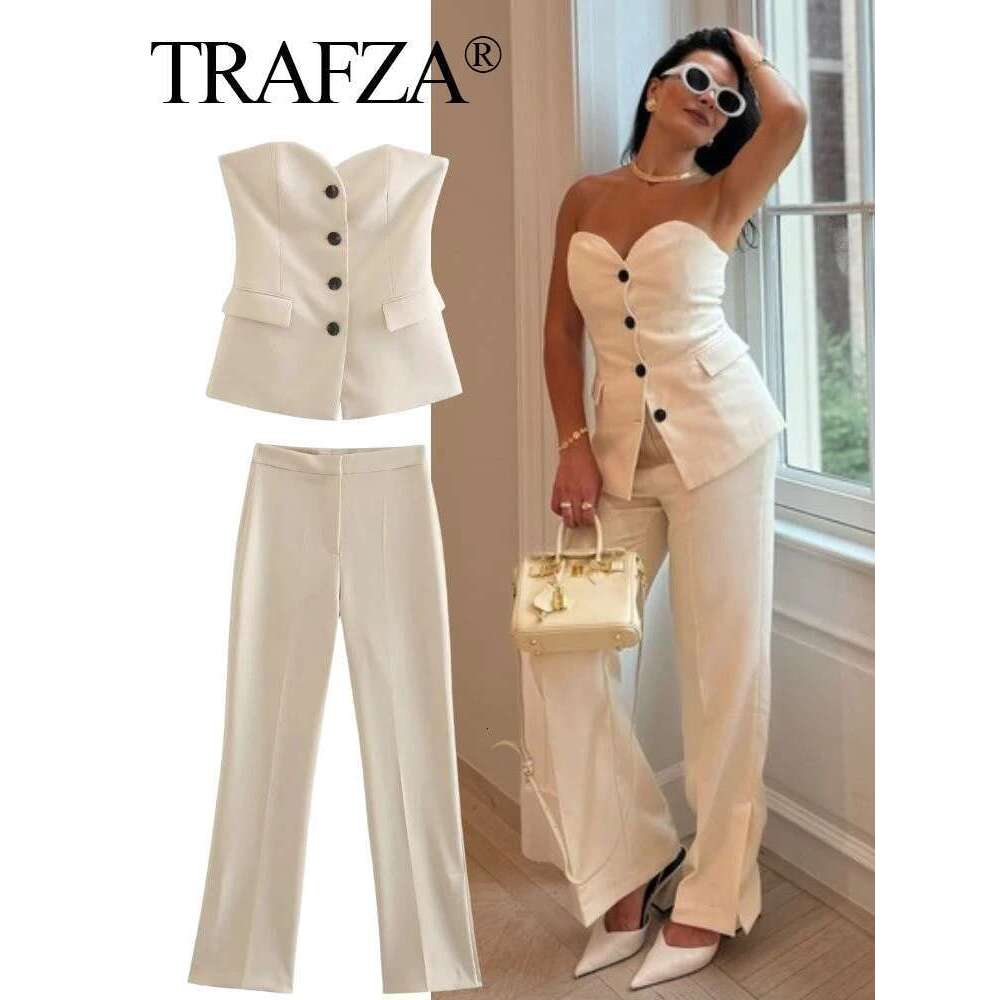 TRAFZA 2024 Women Fashion Solid Pant Suit Sleeveless Off Shoulder Tube Top+Side Slit Trouser Female Streetwear Office Sets