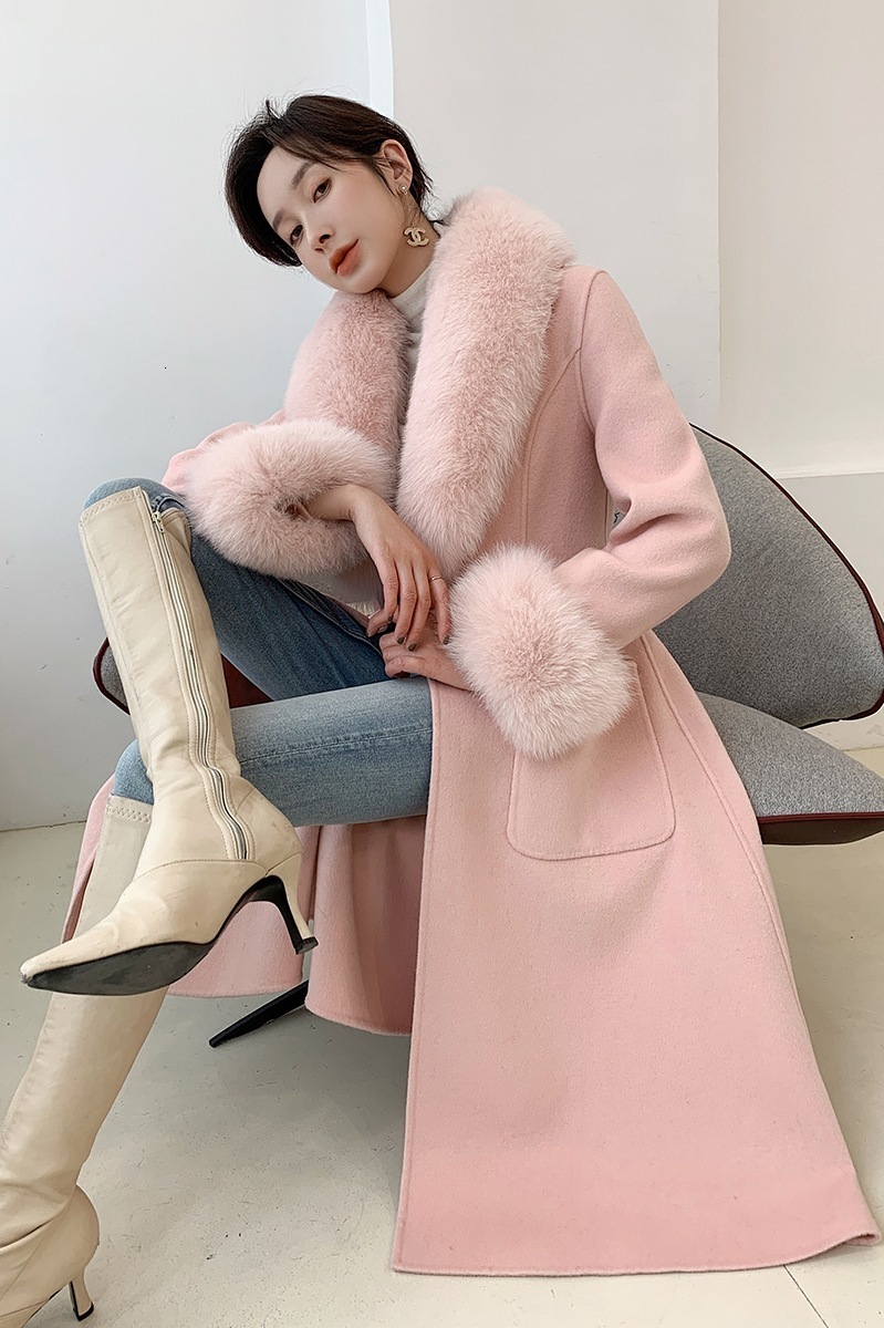 Fashion Women Woolen Coat Winter Slim Solid Pocket Double-Breasted Big Fur Collar Thick Warm Woolen Coat Female Outwear 240822