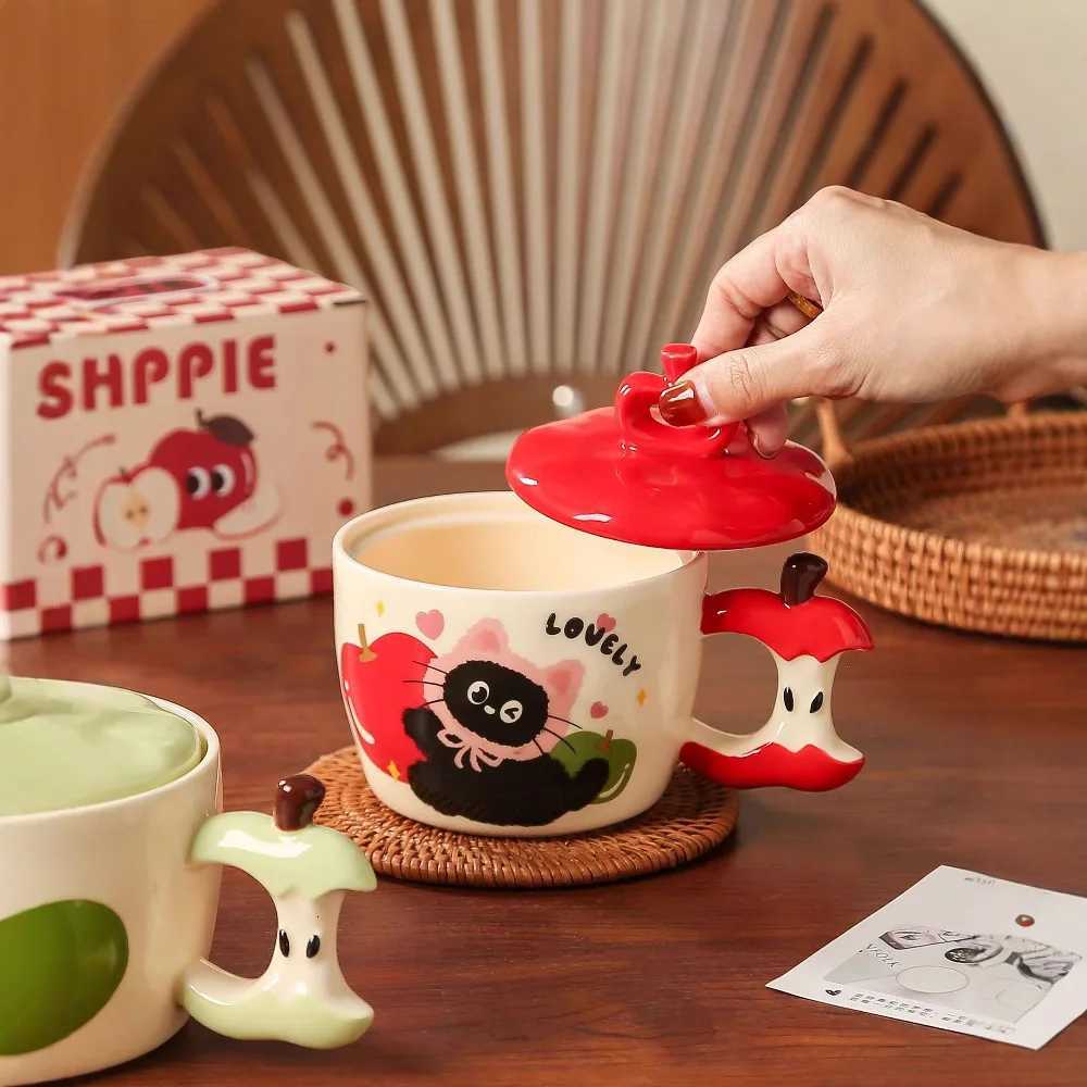 Creative Apple Cat Ceramic Mug High Beauty Capped Coffee Mugs Breakfast Milk Cup Couple Water Cups Birthday Gift Kawaii Cup Y251125