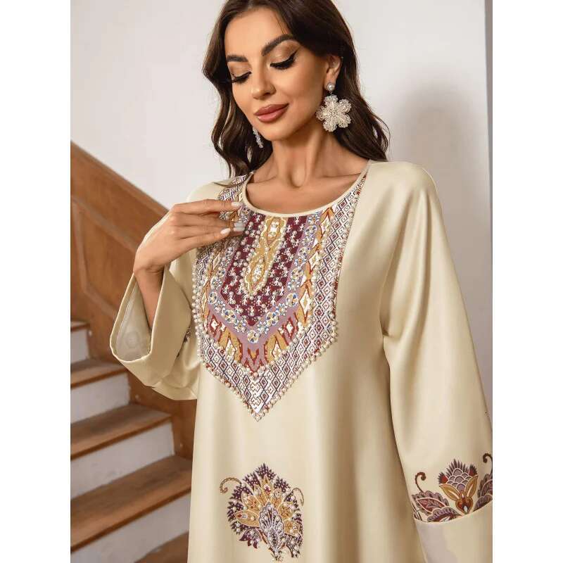 Dongdumaoyi Middle East Muslim Round Neck Printed Rhinestones Beaded Loose A Line Long Robe Dress W