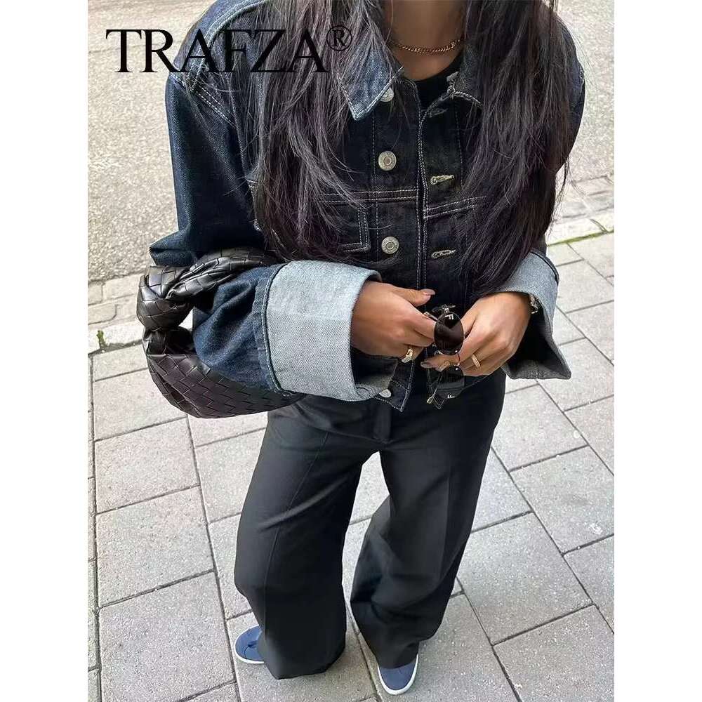 TRAFZA 2024 Autumn Female Vintage Denim Suit Long Sleeve Single Breasted Lapel Coat+High Waist Wide Leg Jeans Street Fashion Set