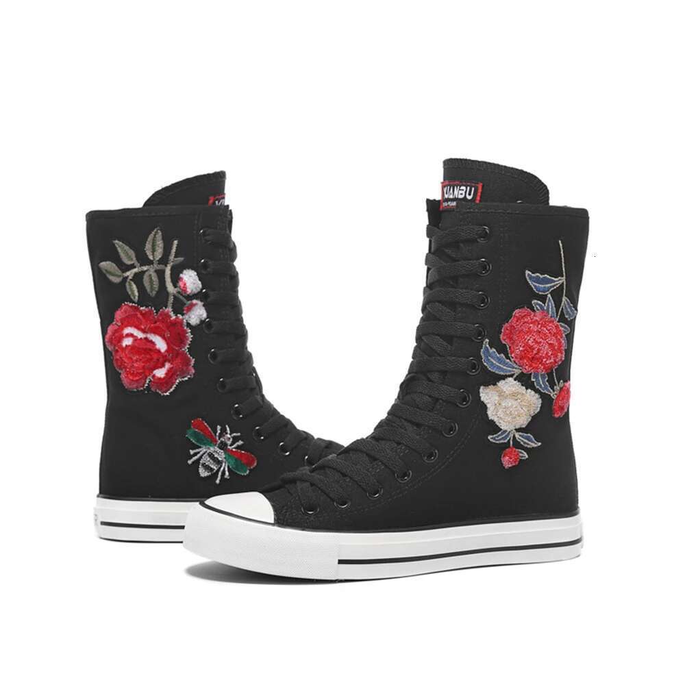 Spring new mid-sized front lace-up side zipper embroidered canvas casual flat inner heightening large size women's shoes